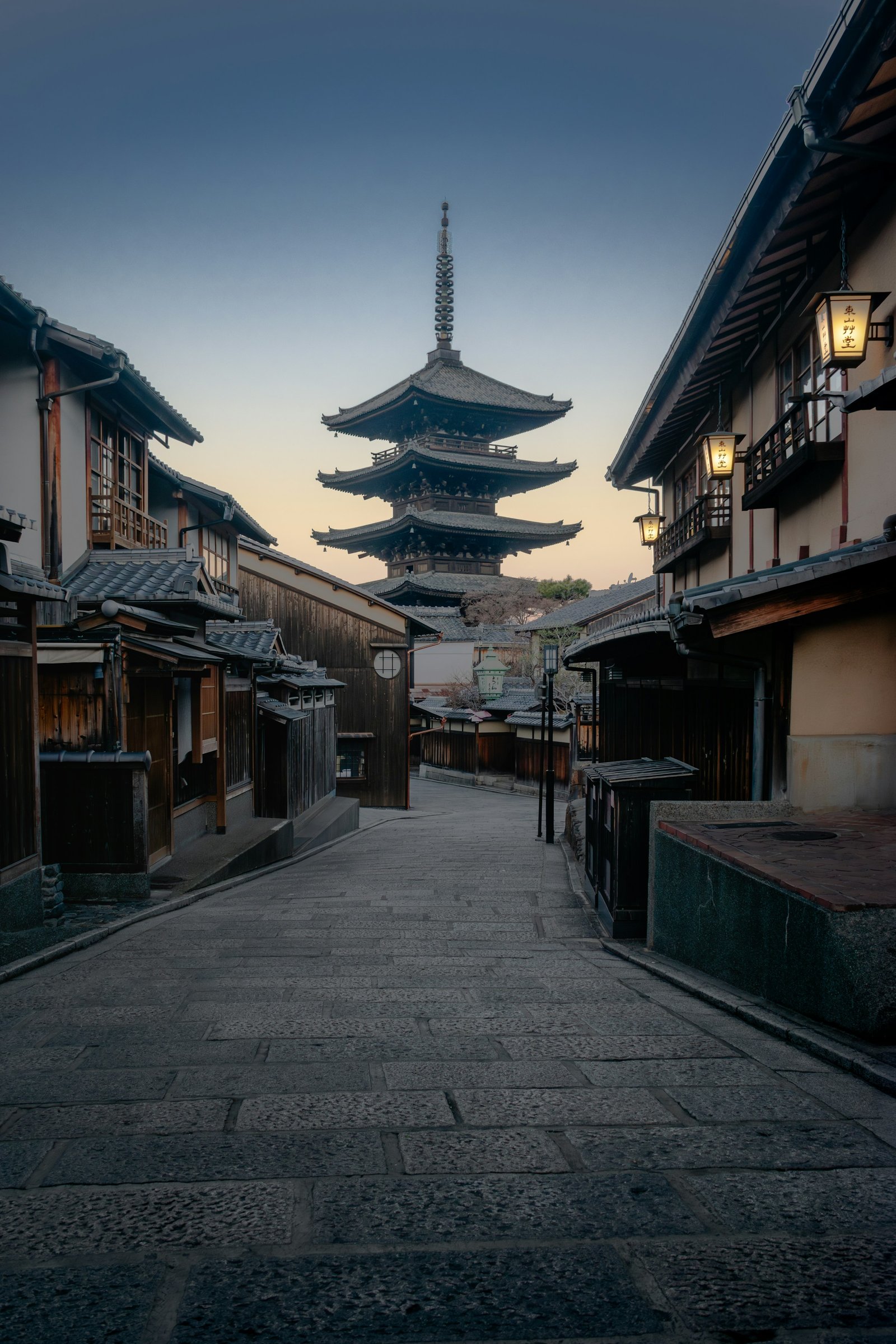 Yasaka Pagoda above a traditional Kyoto street at sunrise