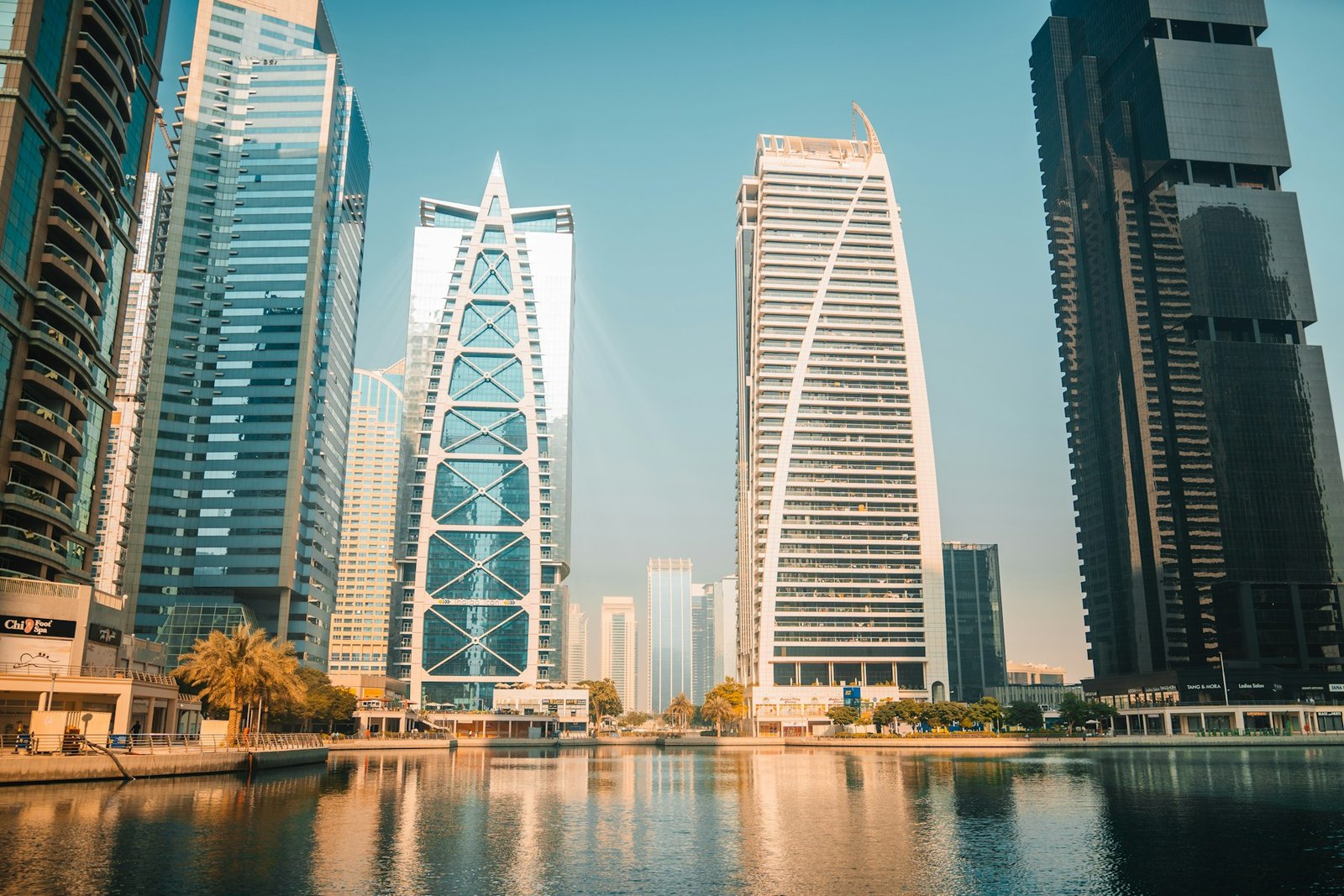 Dubai Marina skyscrapers reflected in the waterfront, United Arab Emirates